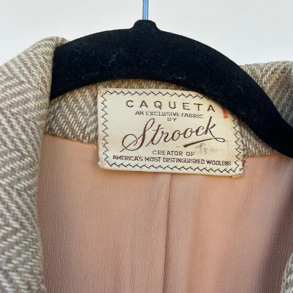 Vintage Women’s Caqueta Stroock Wool Herringbone Blazer Beige Jacket Large - Picture 3 of 6